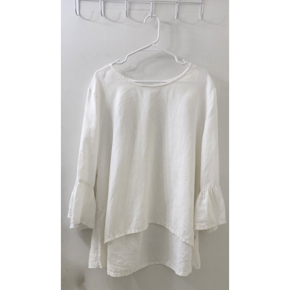 Bryn Walker White 100% Linen Ruffle Bell Sleeve High Low Tunic Blouse Top USA